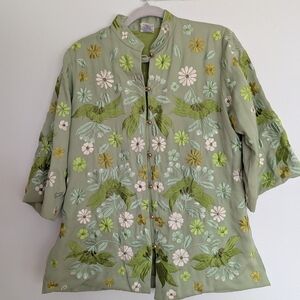 Vintage Embroidered Floral Sage Green Button-Up Jacket